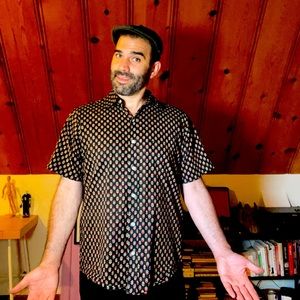 Hand printed short sleeve shirt with Indian screen printed design